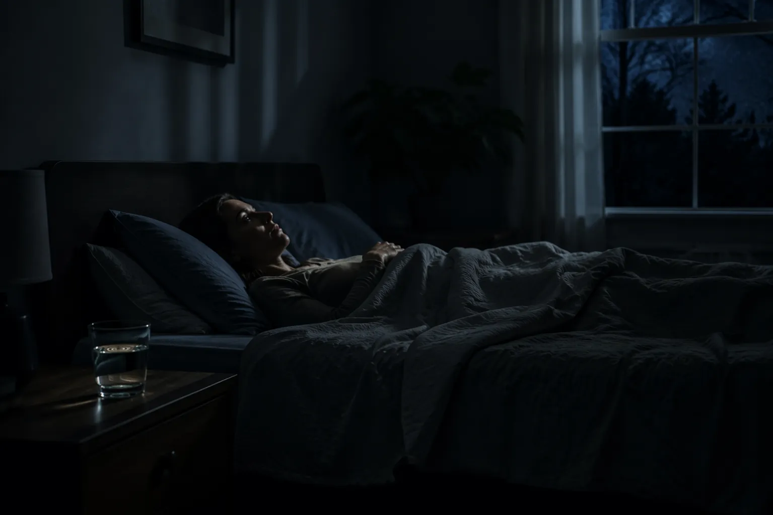 A person lies awake in a dim bedroom while a glass of water on the nightstand ripples slightly