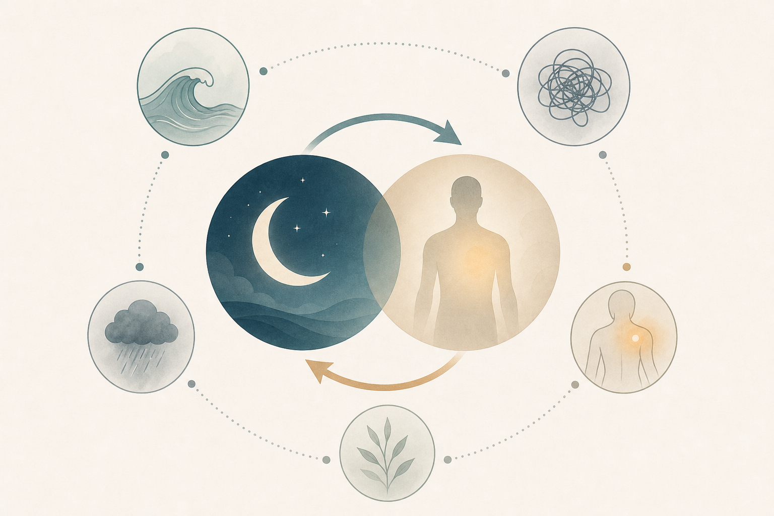 Diagram showing bidirectional arrows between sleep and comorbid conditions including chronic pain, depression, anxiety, and perimenopause