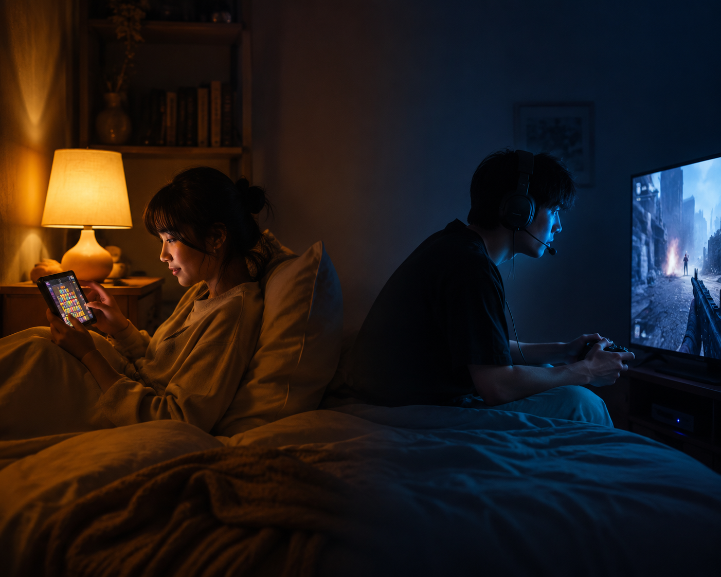 Split bedroom scene comparing calm puzzle gaming under warm light with intense shooter gaming under blue light