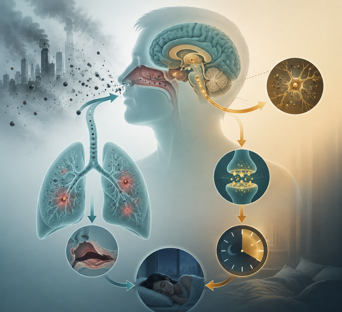 Medical diagram showing lung inflammation and brain inflammation pathways from air pollution to sleep disruption