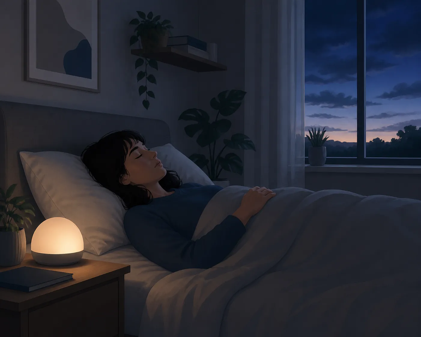 Person lying in bed before sunrise beside a softly glowing alarm clock
