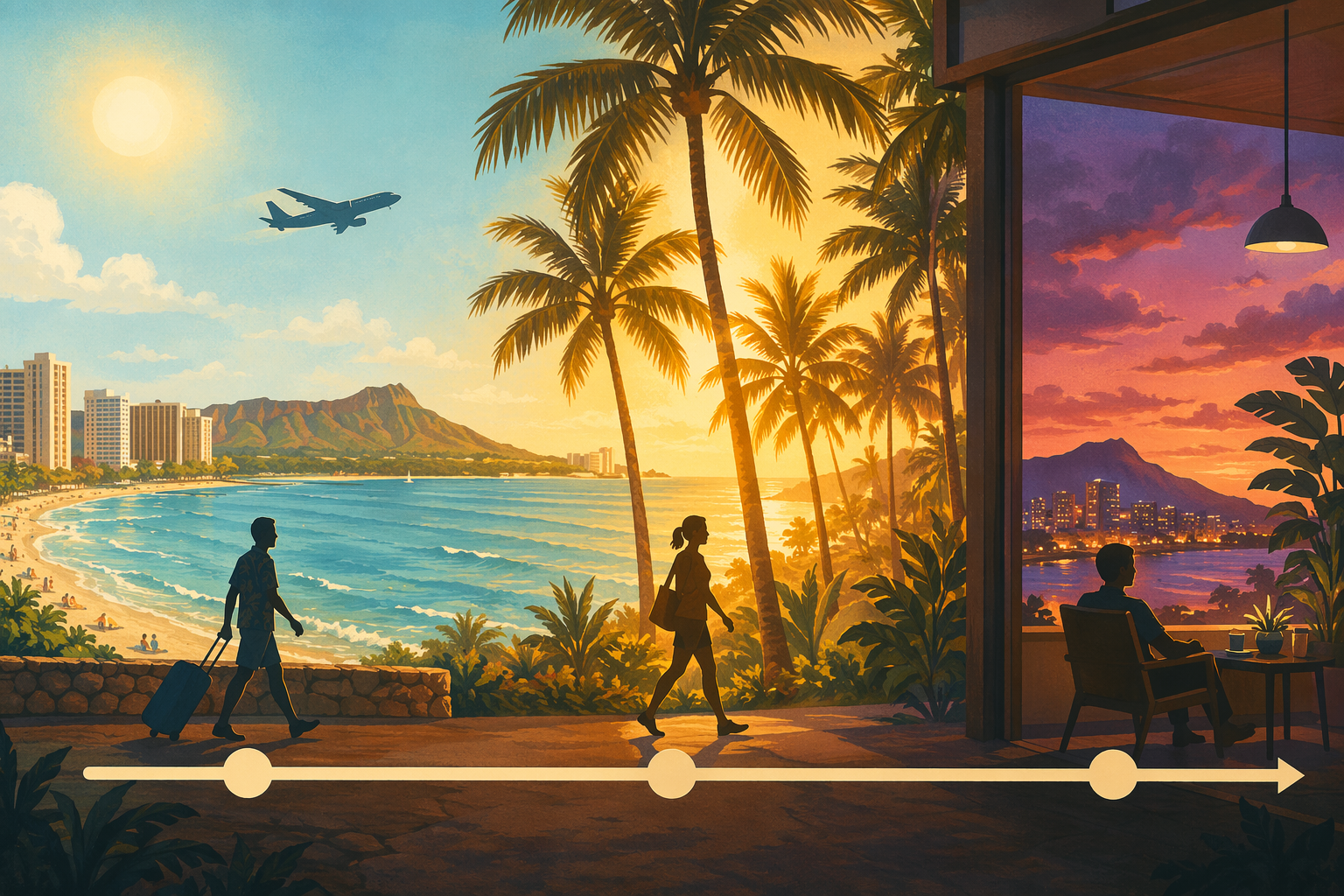 A Honolulu arrival-day timeline moving from bright afternoon sun to golden evening light and dusk