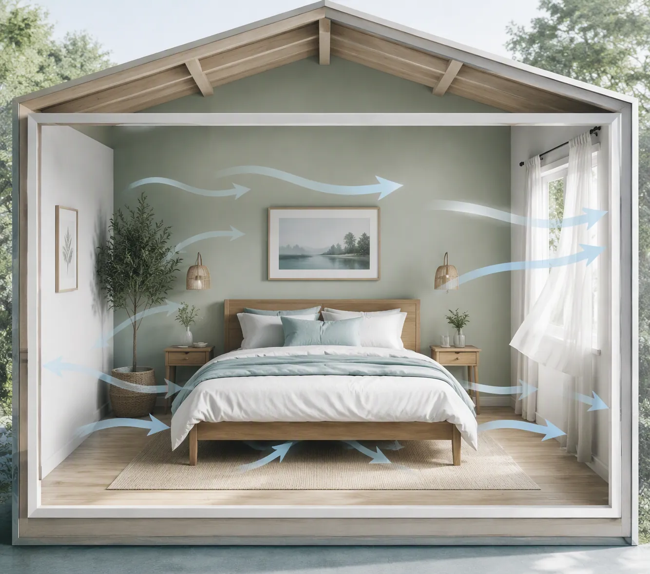 Illustration of airflow moving around and underneath a bed with open side clearance and sheer curtains