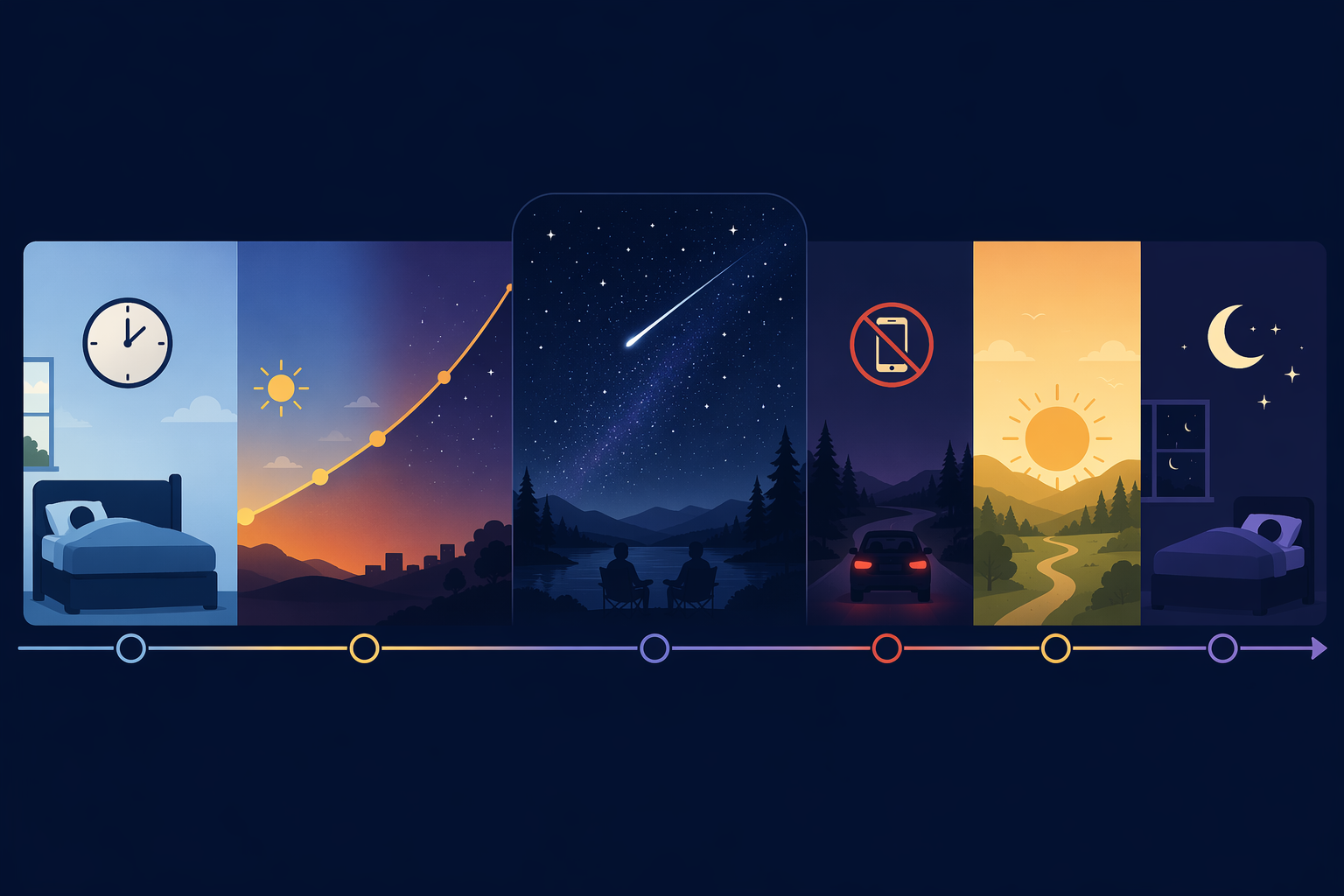 Timeline infographic showing an afternoon nap, post-midnight meteor viewing, red-light return, recovery day, and one to two recovery nights