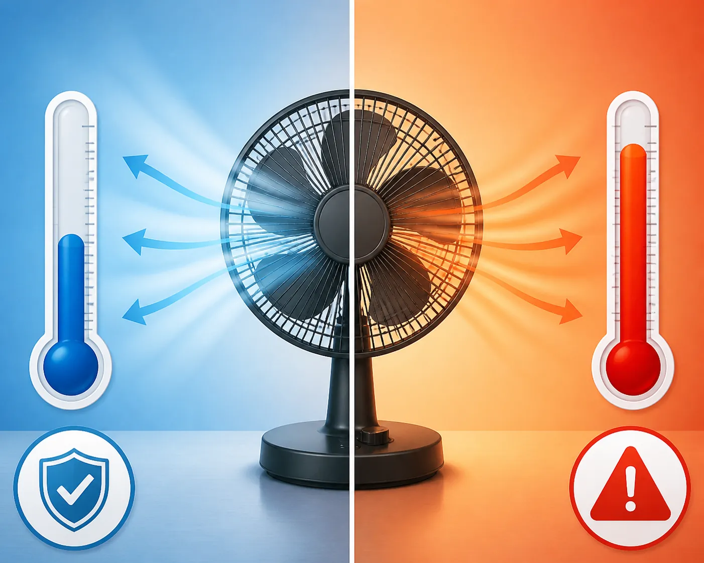Fan safety illustration showing fan use below 90°F and unsafe fan conditions above 90°F