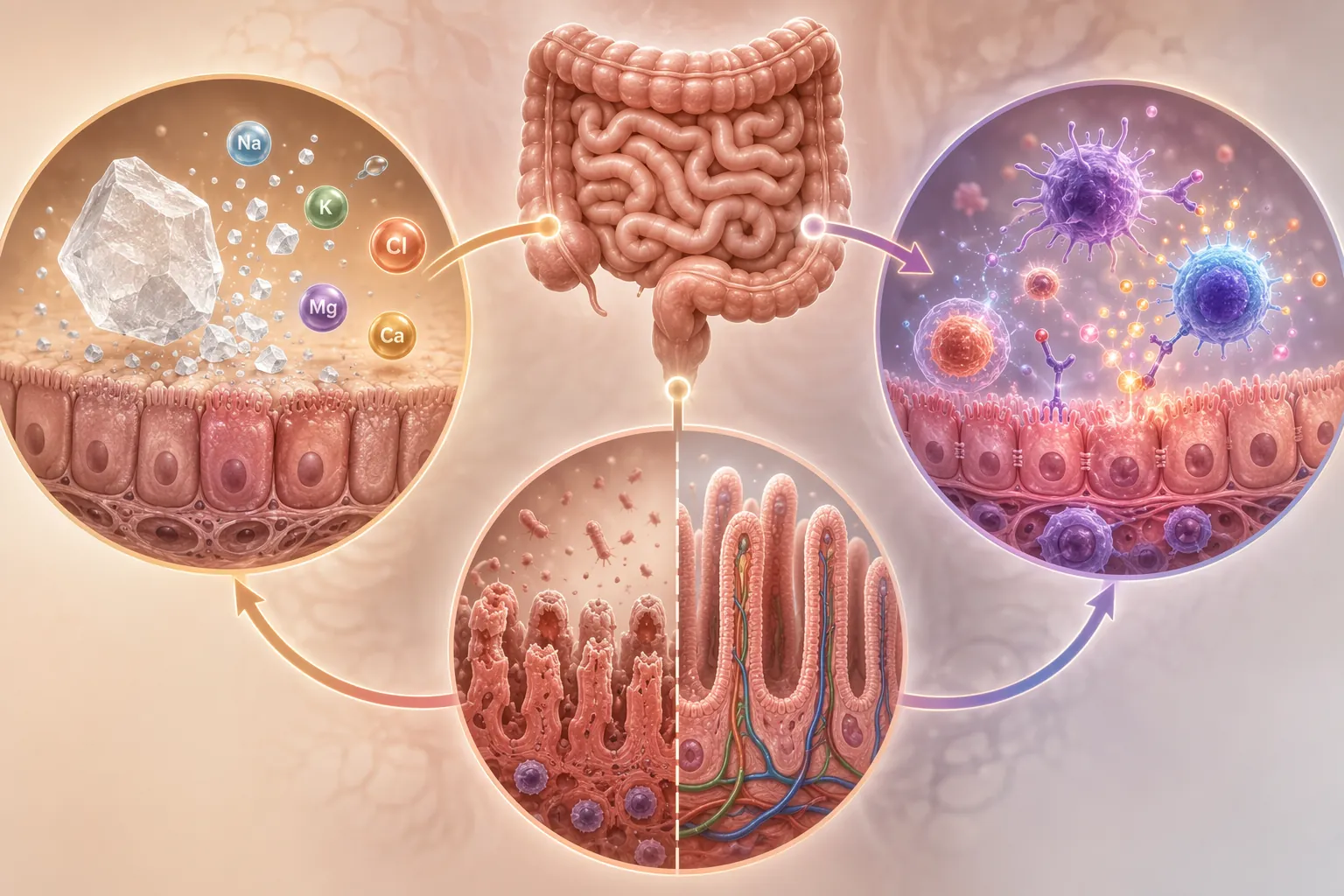 Three interconnected recovery pathways showing electrolyte depletion, intestinal villi damage, and immune activity near the intestinal wall