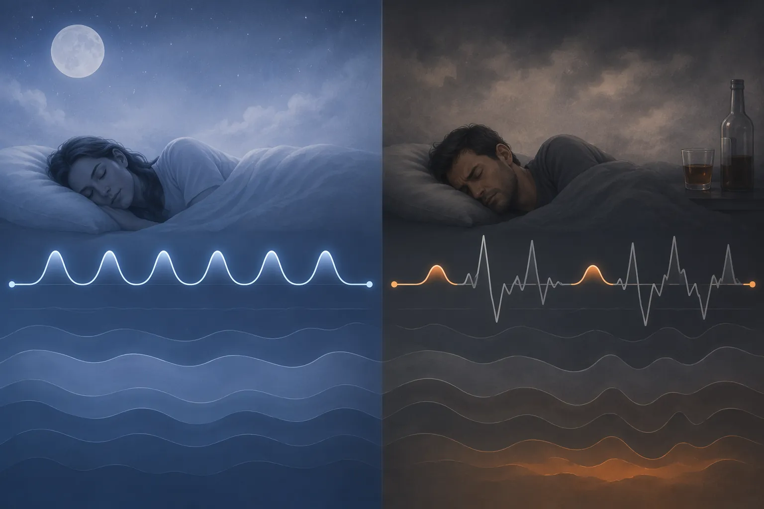 Side-by-side editorial comparison of normal and alcohol-disrupted sleep architecture