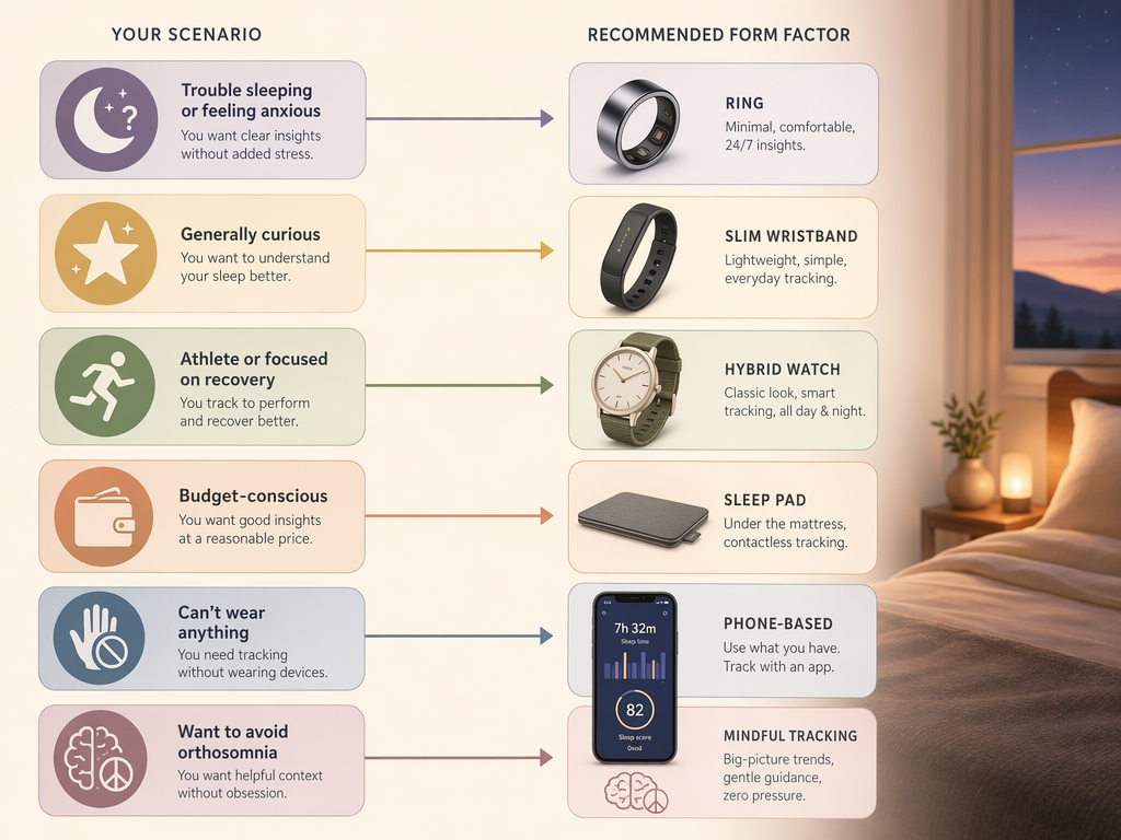 Decision-flow illustration matching sleep tracker user scenarios to ring, wristband, hybrid watch, under-mattress pad, and phone app options