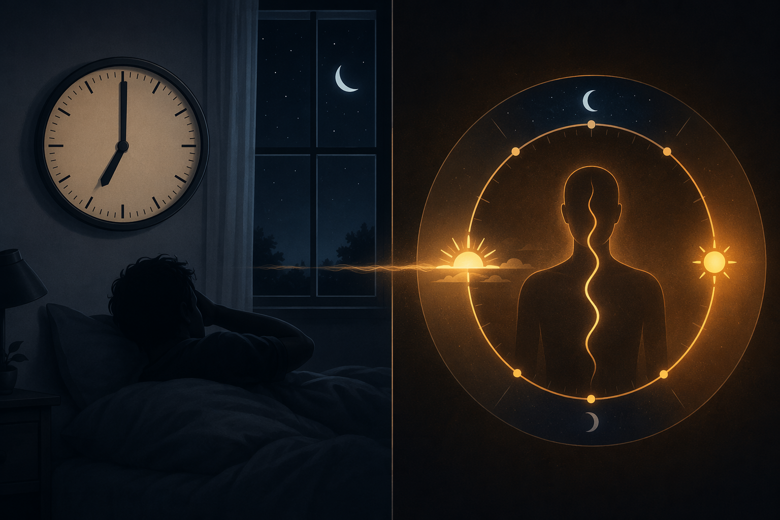 Editorial illustration of a restless sleeper beside a wall clock and a circadian clock aligned with sunrise