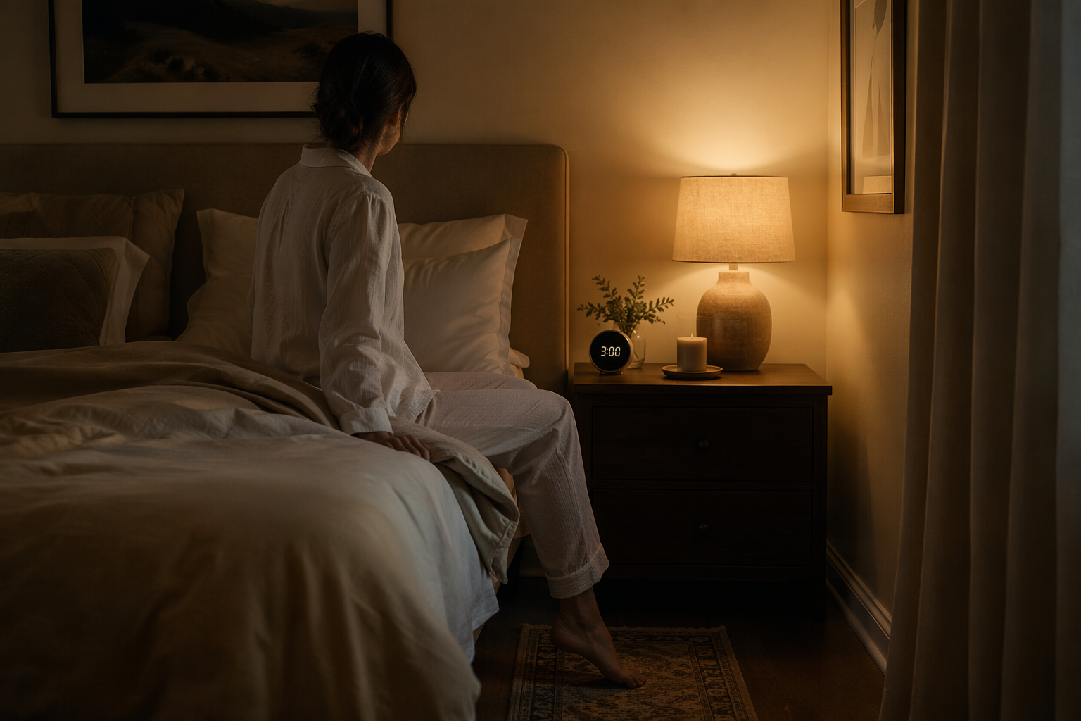 A person sitting calmly on the edge of a dimly lit bed at 3 a.m.