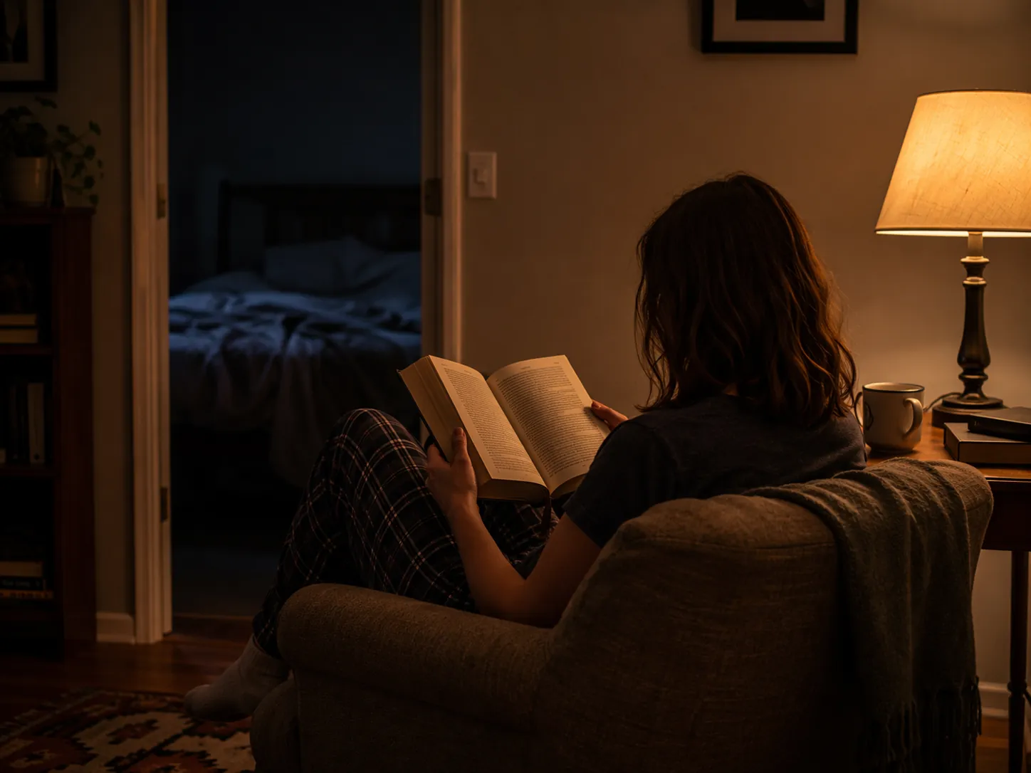 A person reads a dull book in a dim living room after leaving bed at night