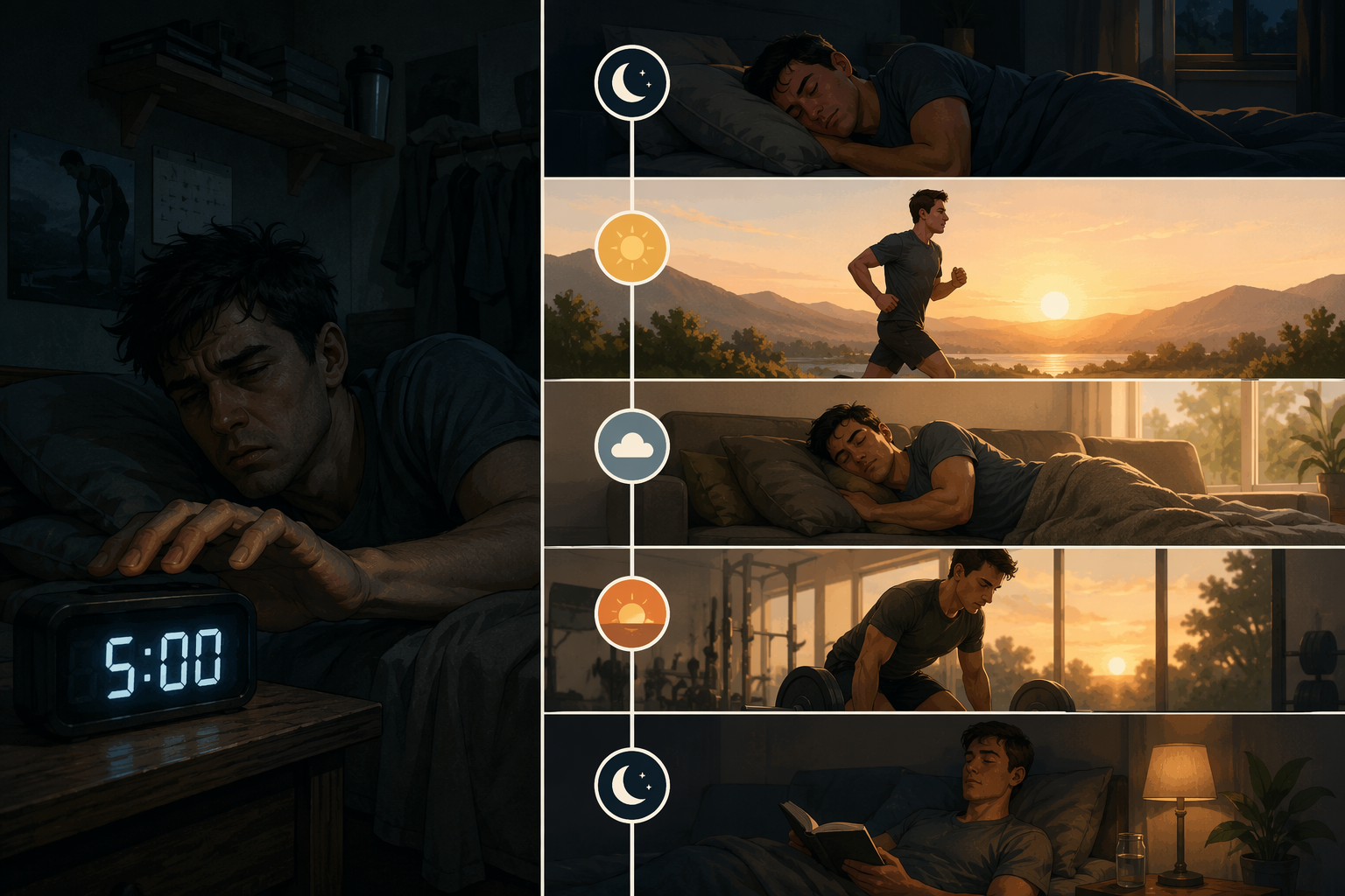 Split-screen illustration comparing a truncated early-morning training day with a structured two-a-day schedule that protects sleep and recovery