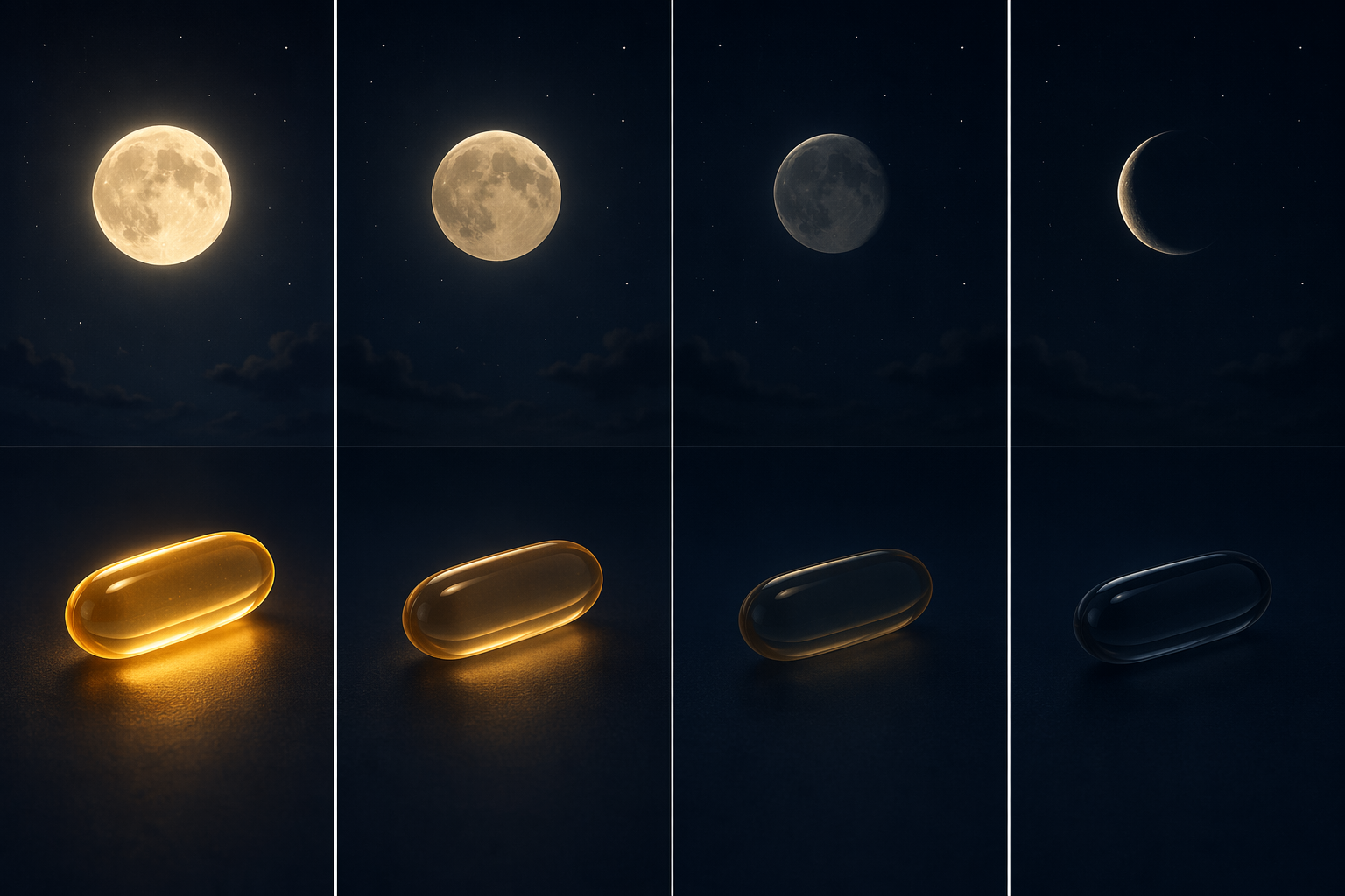 Four-panel illustration of a sleep aid gelcap and moon icon dimming from night one to night four