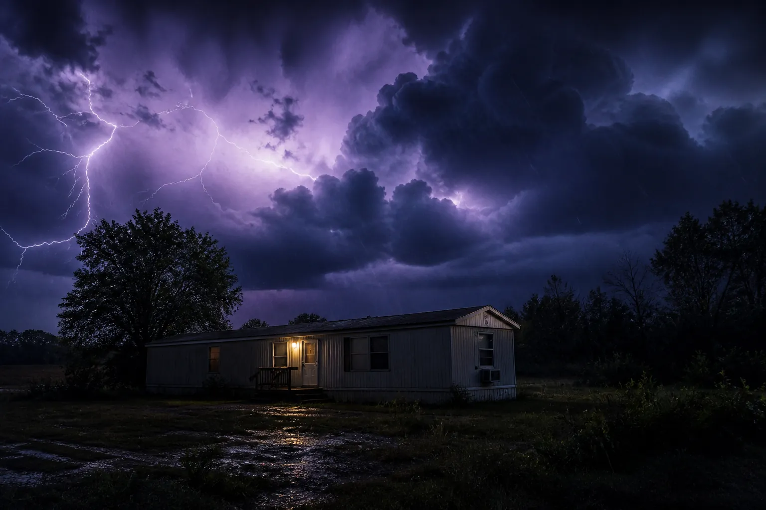 A mobile home at night under an ominous severe thunderstorm sky
