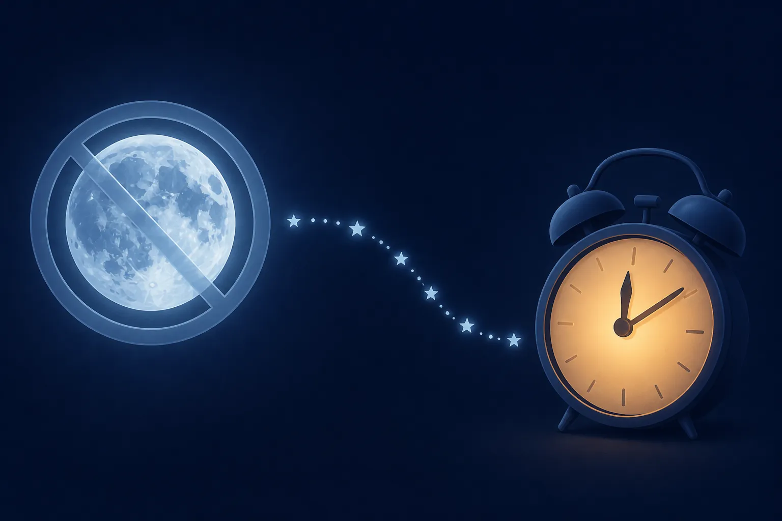 A glowing moon and an early morning alarm clock connected by a dotted path of stars