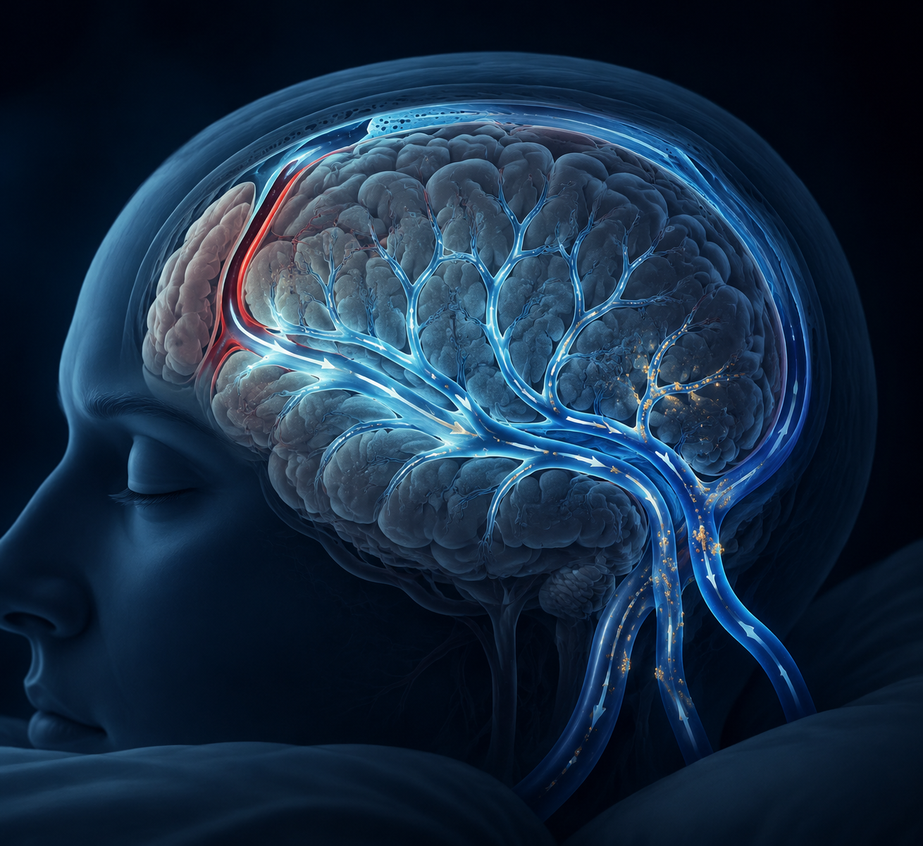 Brain cross-section showing cerebrospinal fluid entering and exiting through glymphatic pathways while carrying tau fragments