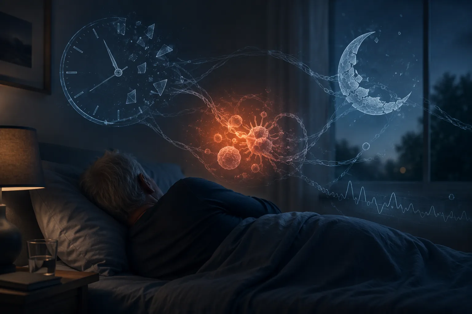 Older adult lying awake in a dim bedroom with visual symbols of fragmented sleep, cancer treatment, and aging