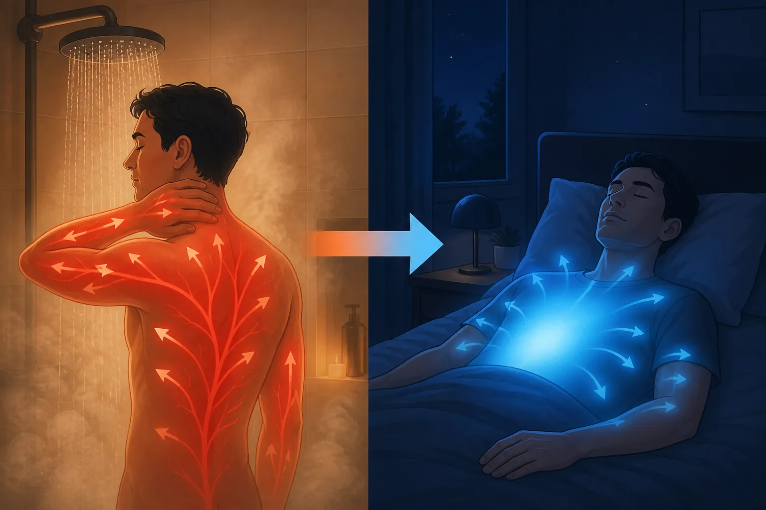 Illustration of a warm shower causing blood vessel dilation followed by cooling in bed