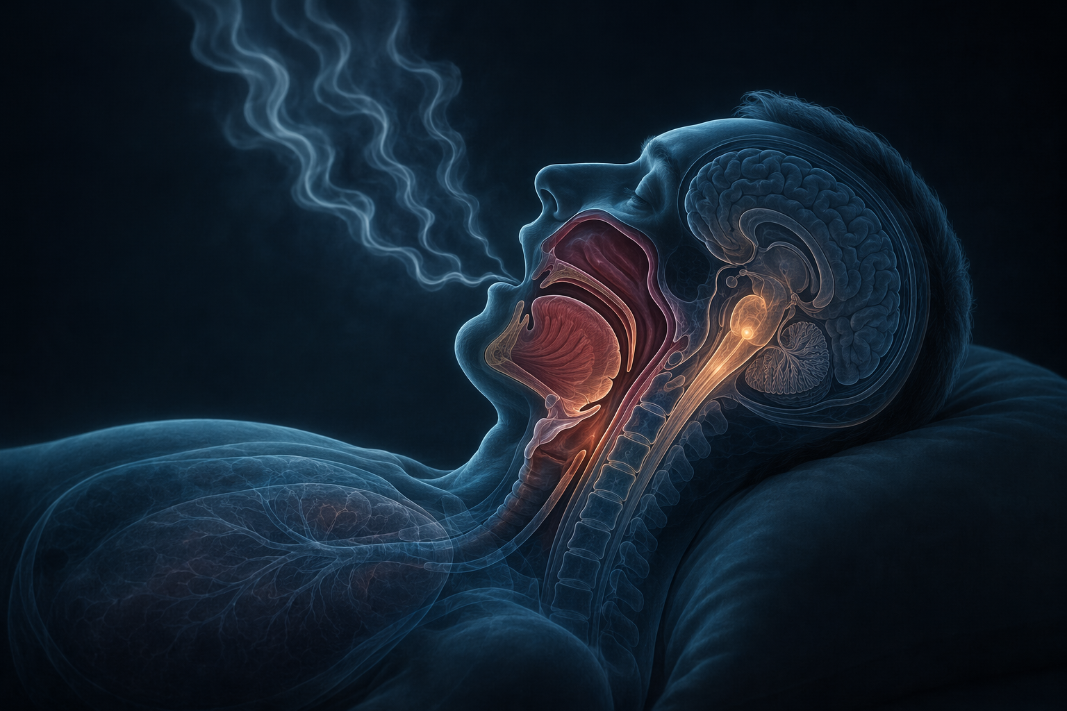 Sleeping figure with dimmed brainstem respiratory centers and irregular breathing lines