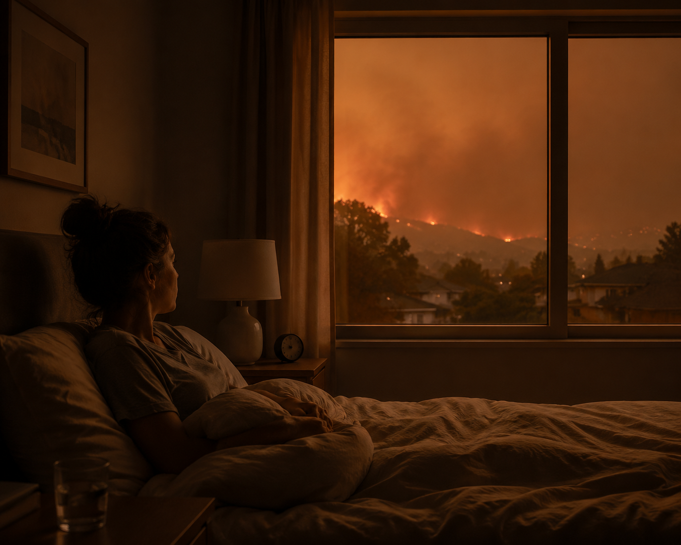 Person sitting awake in bed as hazy wildfire smoke light filters through a bedroom window