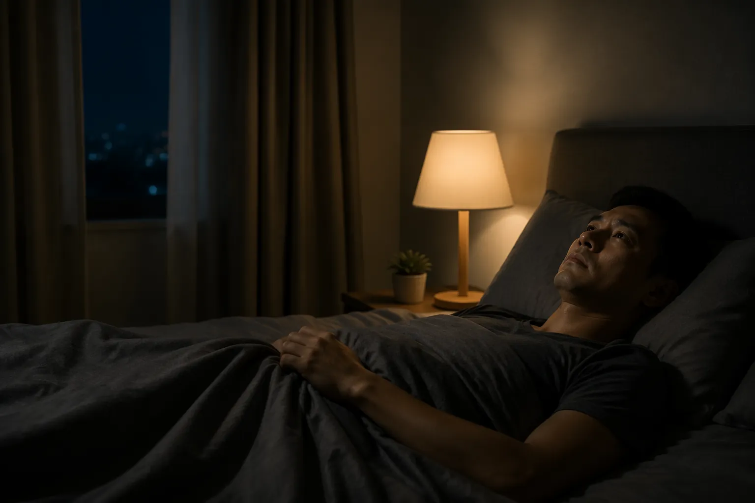A tense person lies awake in a dim bedroom at night, gripping the blanket and staring at the ceiling