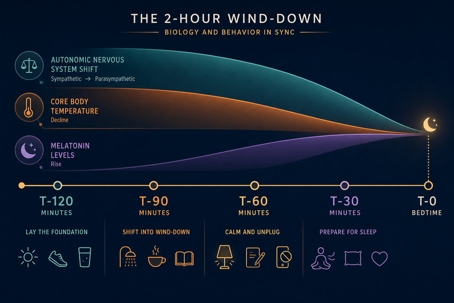 A horizontal timeline diagram showing four phases from T-120 to bedtime, with overlapping bands representing autonomic shift, core temperature decline, and melatonin rise converging at sleep onset.