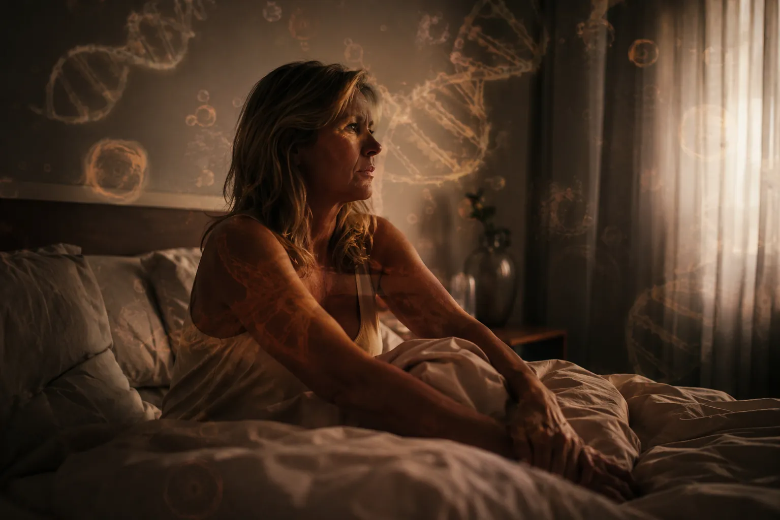 A flushed woman awake in bed with cellular and DNA-like patterns suggesting biological aging