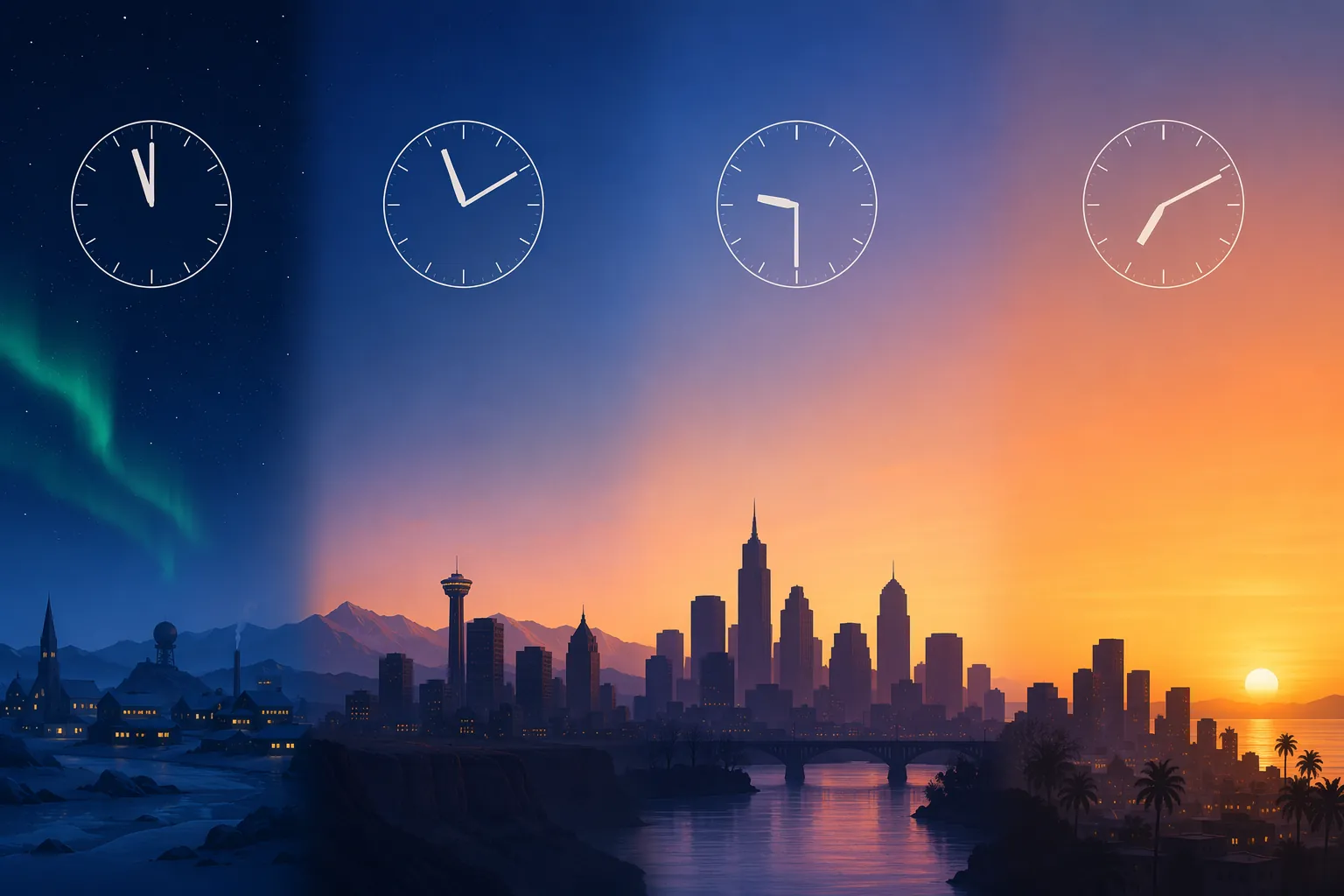 Four winter city silhouettes showing different sunrise timing under permanent daylight saving time