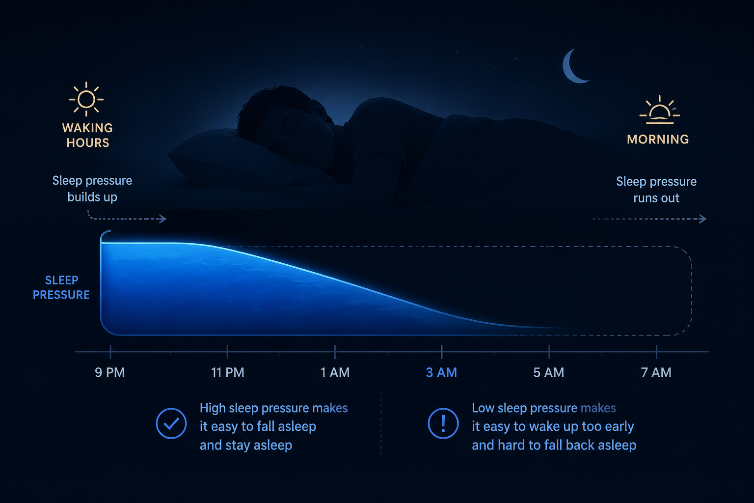 Nighttime timeline showing sleep pressure draining across the night and becoming nearly empty around 3 a.m.