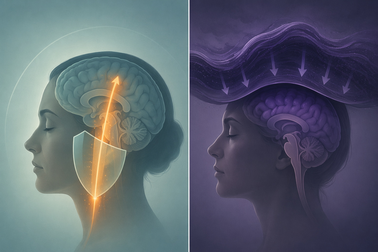 Medical illustration comparing orexin wakefulness blocking with traditional forced GABA sedation
