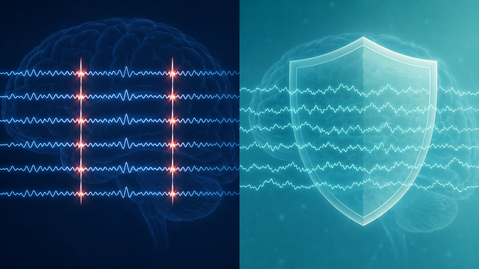 Medical illustration comparing synchronized NREM brain waves with more irregular REM brain waves