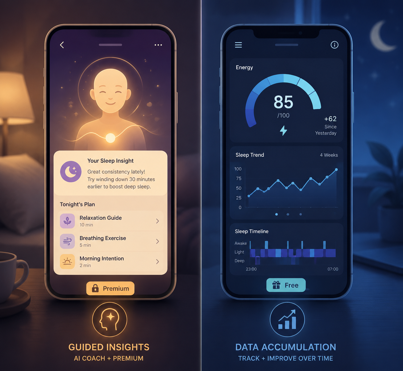 Split-screen phone screens showing guided coaching with a lock icon and a free data dashboard with trend charts