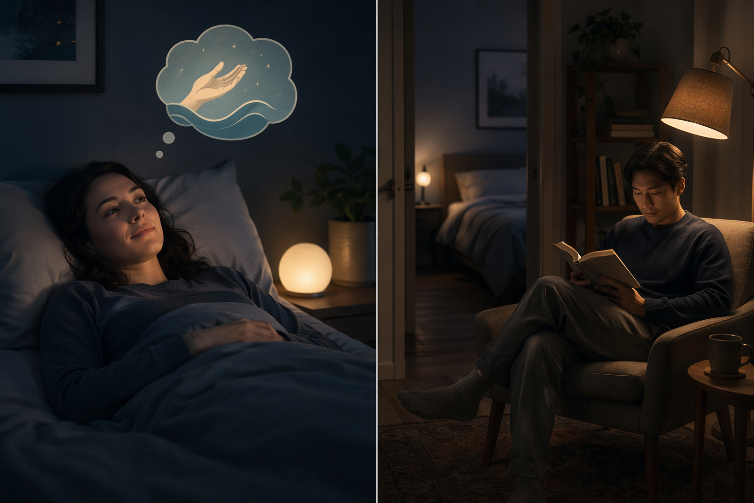A split nighttime scene showing calm wakefulness in bed on one side and a person reading quietly in another room after getting out of bed on the other.