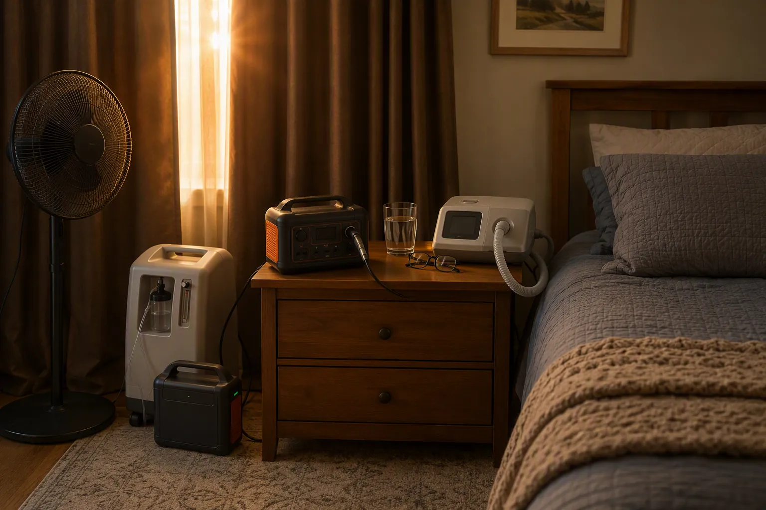 Older adult bedroom prepared for a planned multi-day power shutoff with CPAP, oxygen concentrator, portable battery, curtains, fan, and water