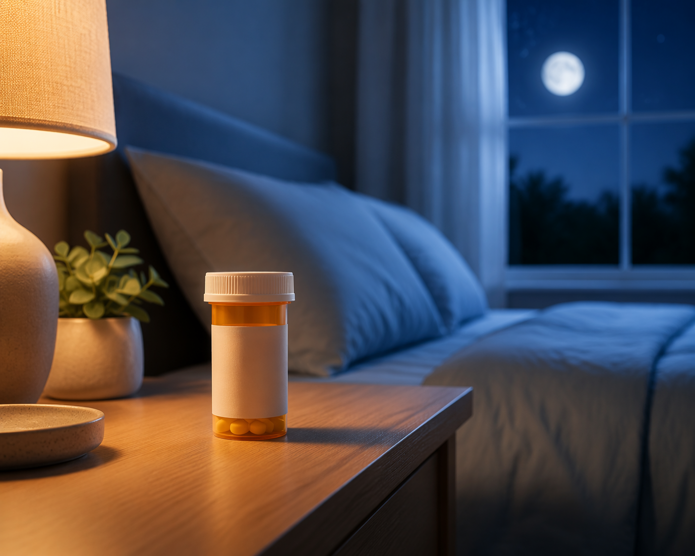 Prescription pill bottle on a nightstand beside a calm undisturbed bed