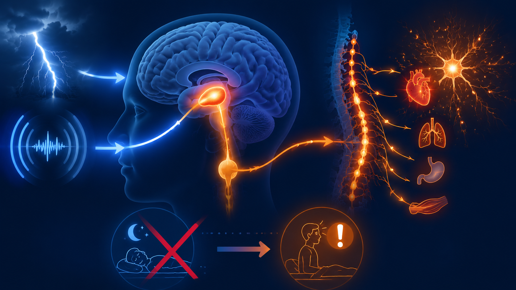 Diagram of storm cues moving through the amygdala and hypothalamus into the sympathetic nervous system