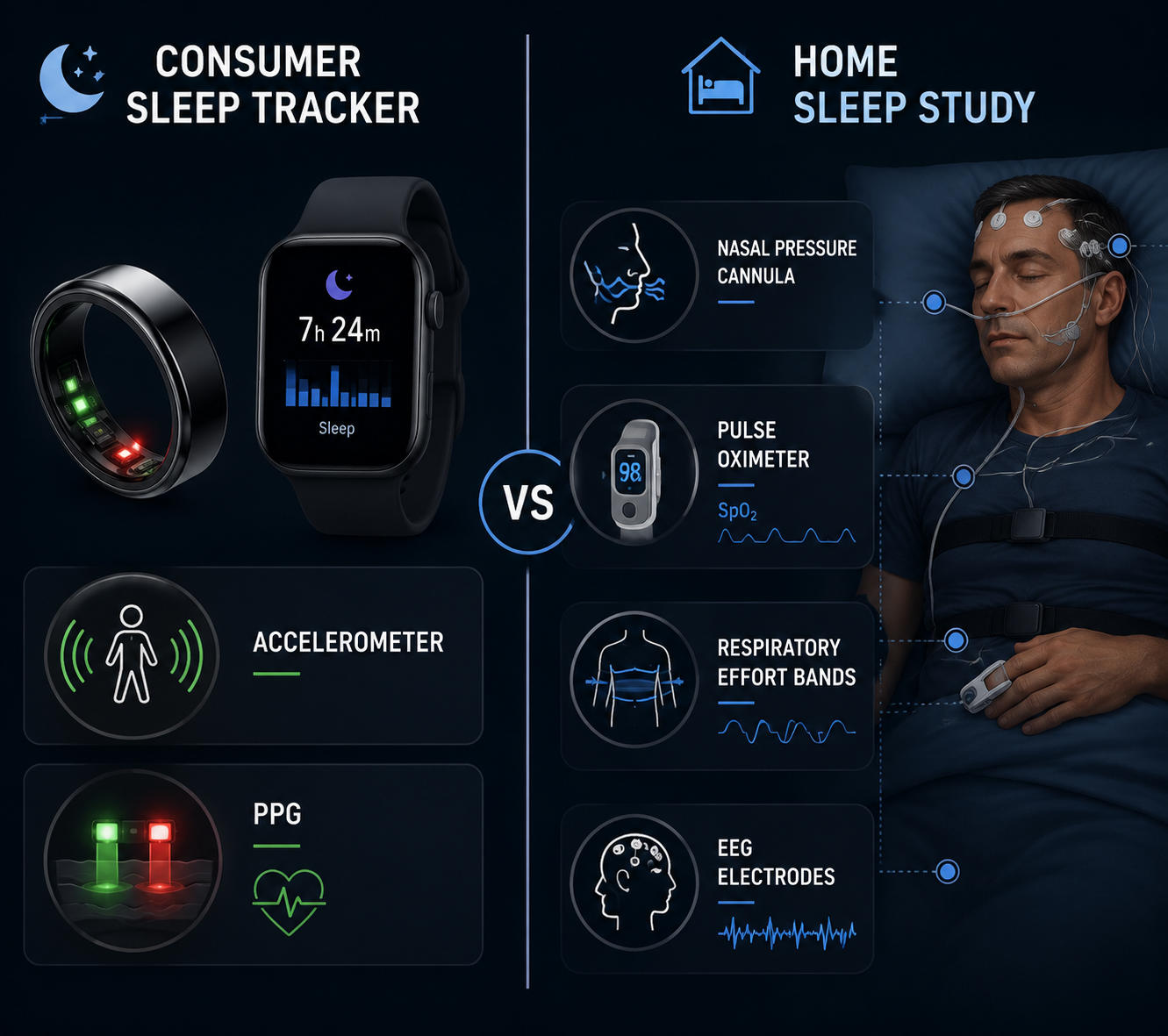 Comparison of consumer sleep tracker sensors and home sleep study sensors including accelerometer, PPG, nasal pressure, oximetry, respiratory effort, and EEG icons
