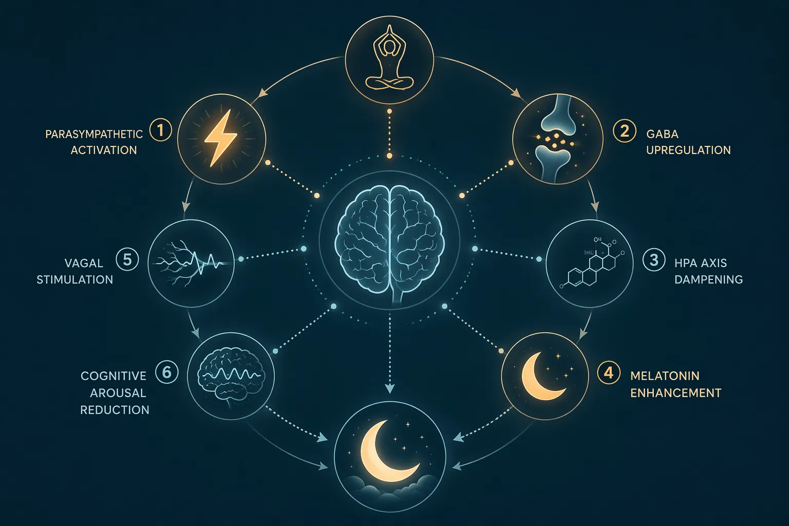 Scientific diagram showing six yoga-related pathways converging on sleep regulation