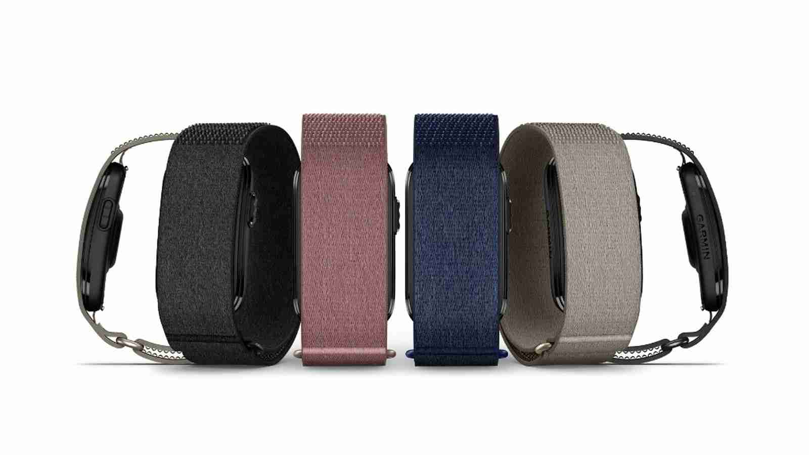 Garmin Cirqa screenless fabric smart band shown in four color variants