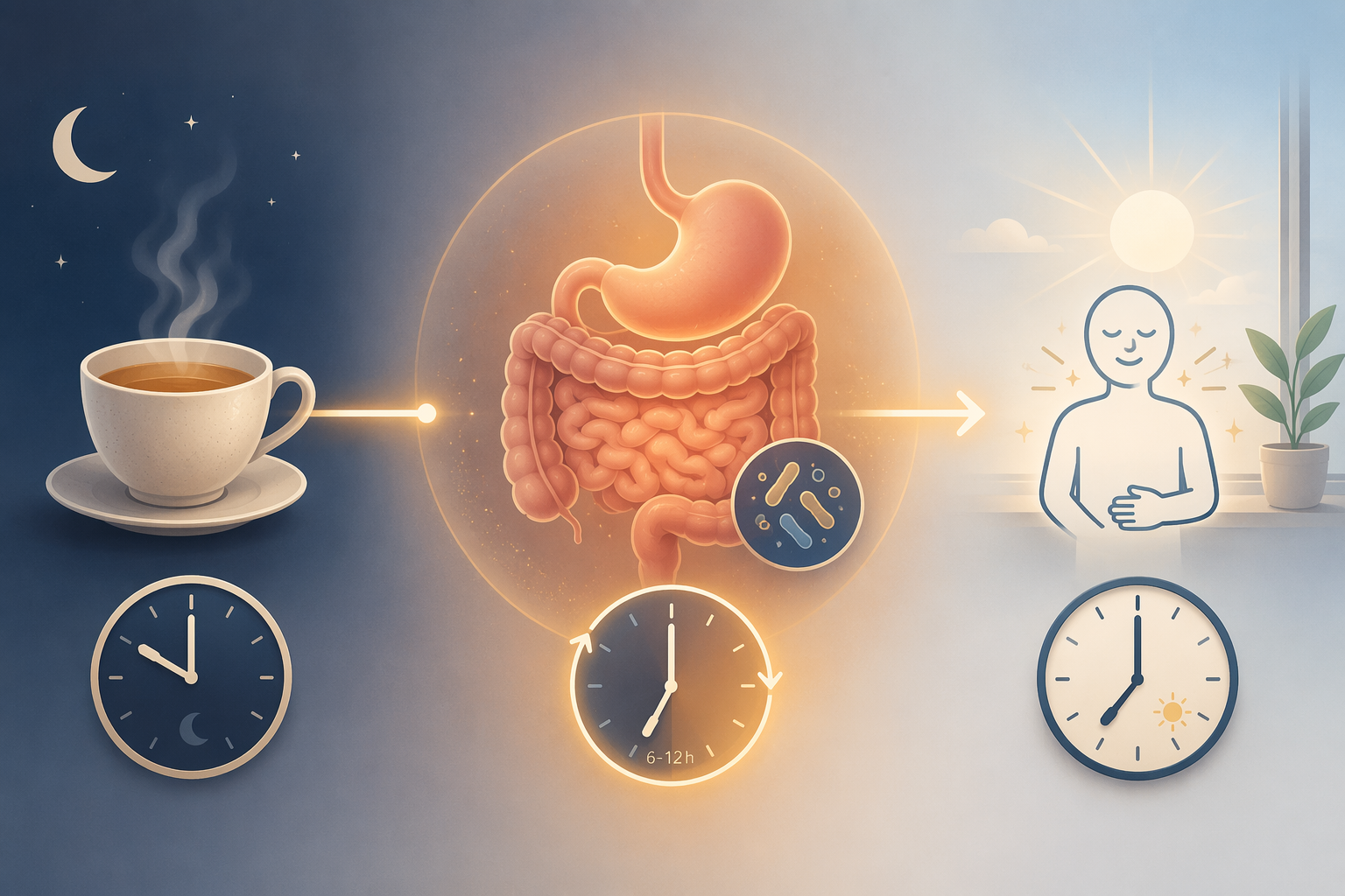 Timeline showing senna tea at night, gut bacteria activation, and morning relief