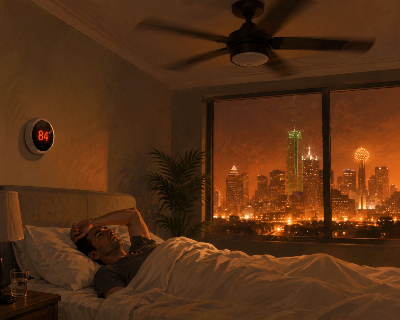A restless person in a Dallas bedroom at night with a ceiling fan, an 84-degree thermostat, and a hazy heatwave skyline.