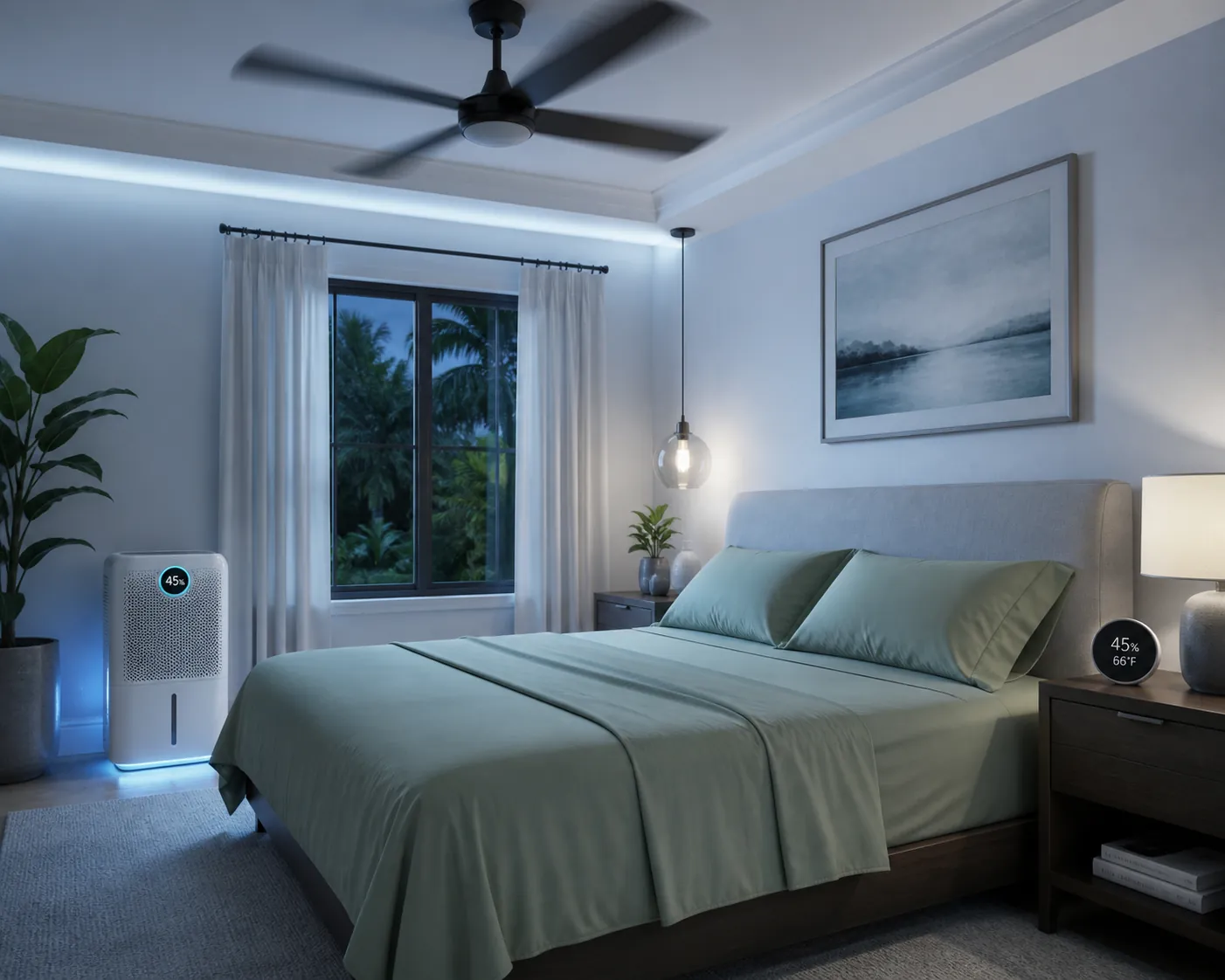 Bedroom with a dehumidifier, ceiling fan, moisture-wicking sheets, and a hygrometer showing 45% humidity and 66°F