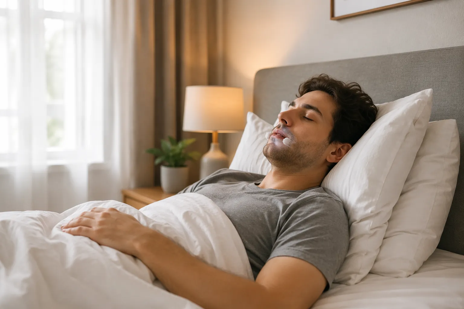 Person resting in bed after oral surgery with head elevated on pillows