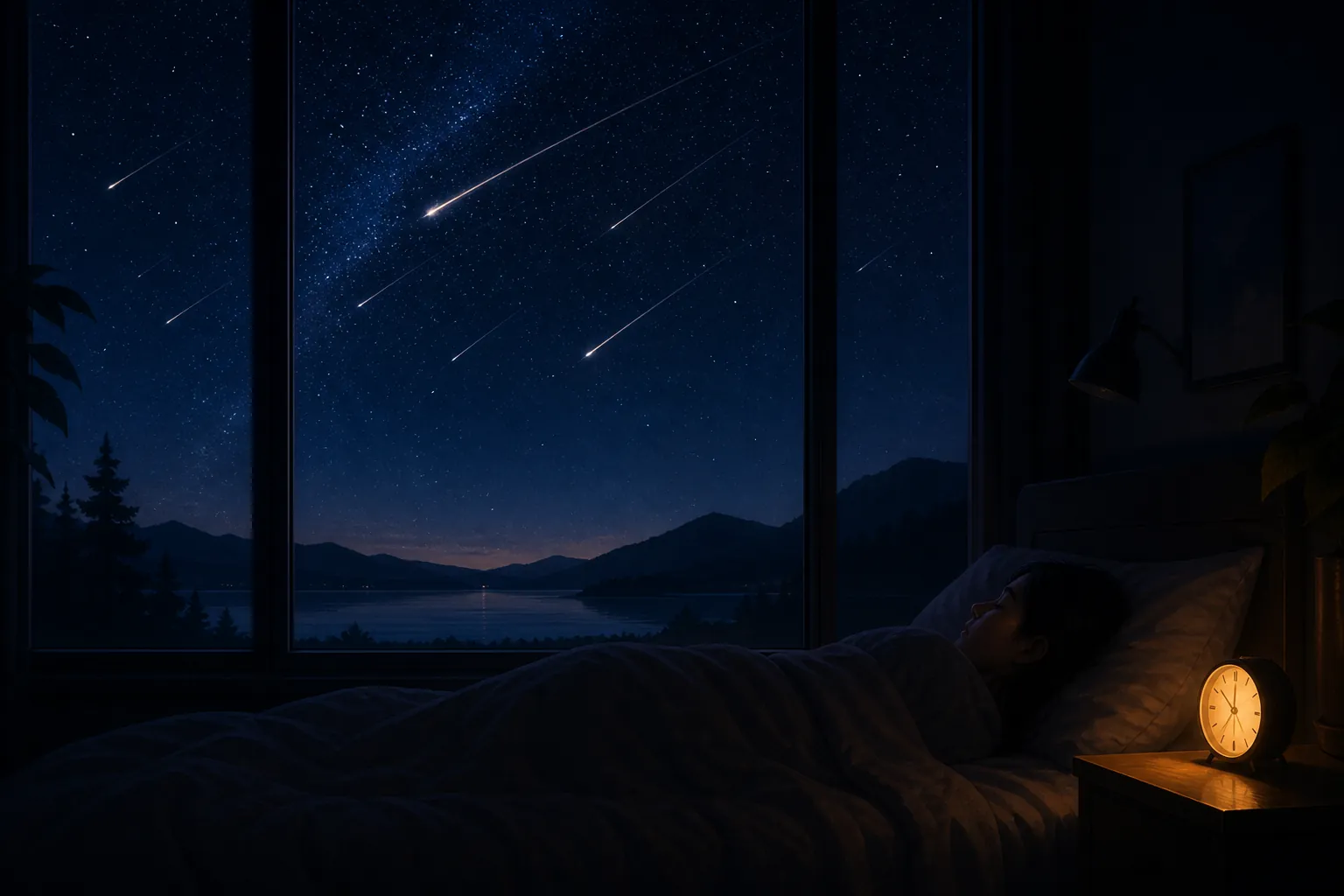 A sleeping person under blankets while meteors streak across the night sky outside the bedroom window