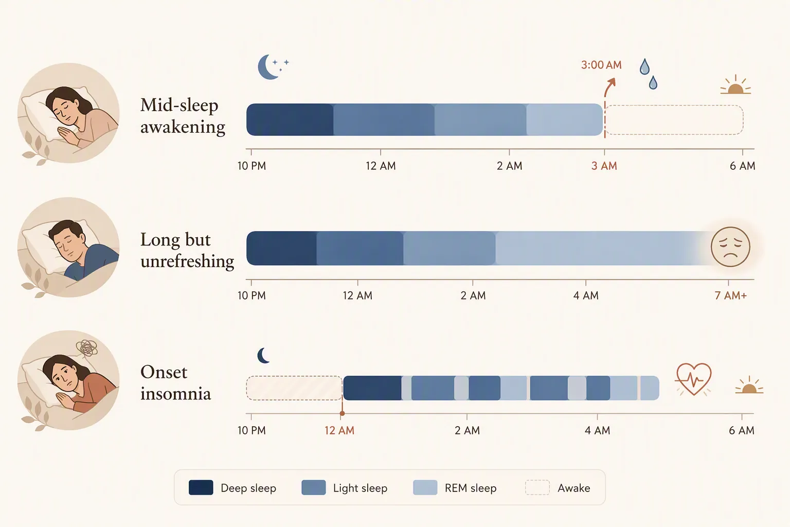 Three sleep timeline bars comparing perimenopause, undertreated thyroid, and overtreatment sleep patterns