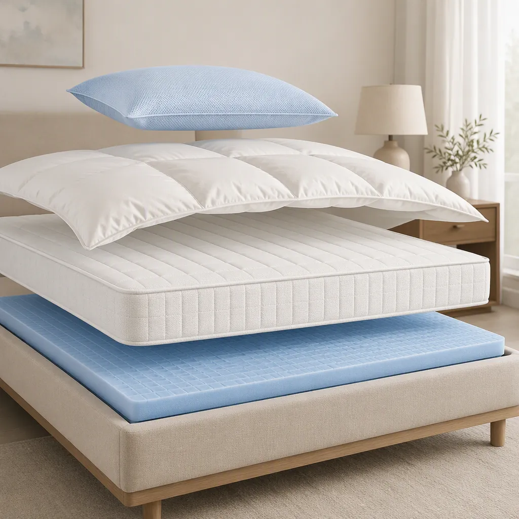 Exploded view of temperature-regulating bed layers with a cooling topper, mattress, lightweight duvet, and pillow