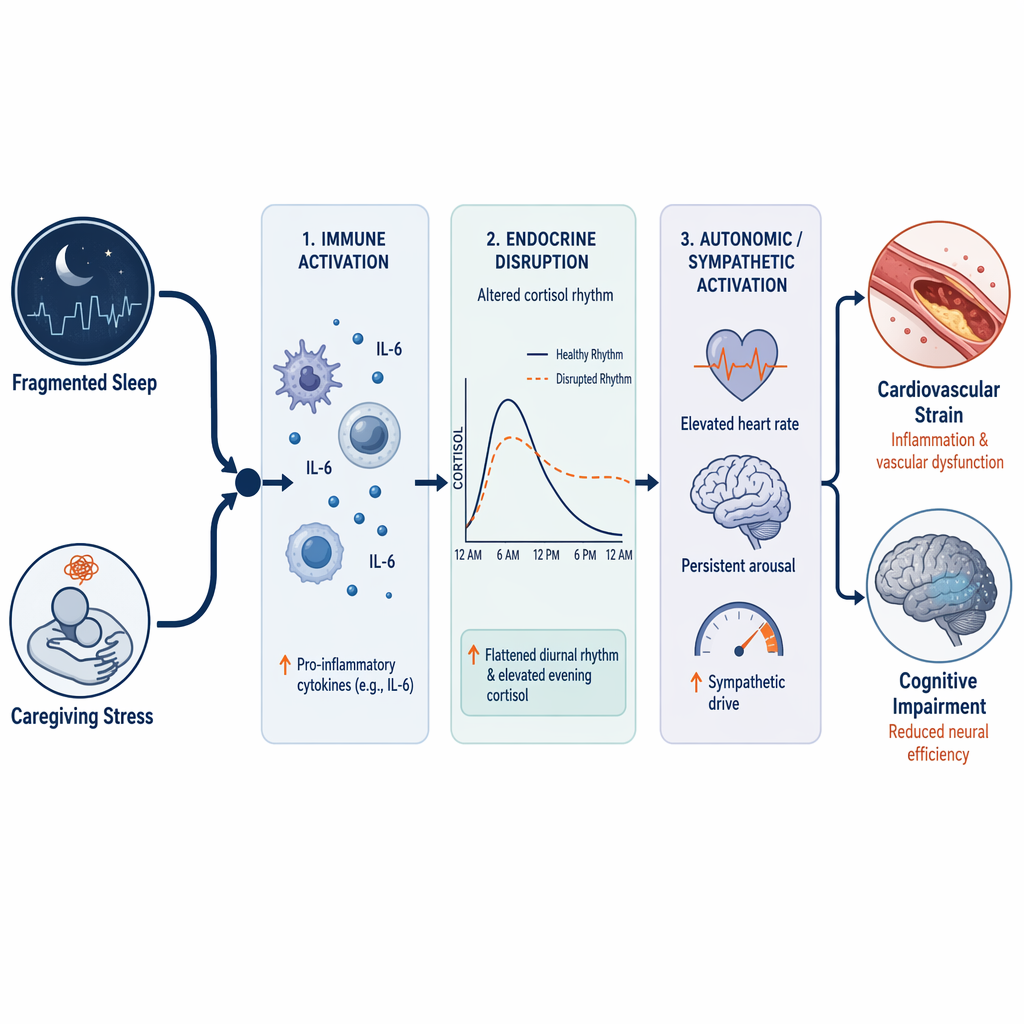 A medical pathway diagram showing fragmented sleep and caregiving stress flowing into immune activation, cortisol disruption, autonomic hyperarousal, cardiovascular strain, and cognitive impairment.
