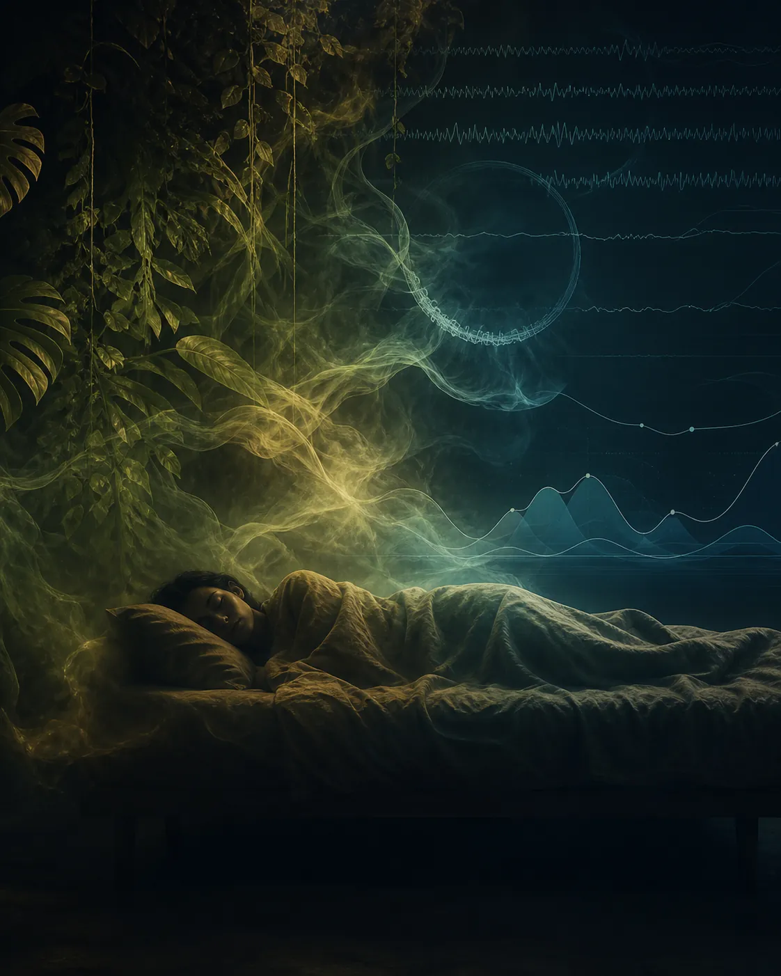 Person sleeping amid ceremonial imagery and scientific sleep waveforms