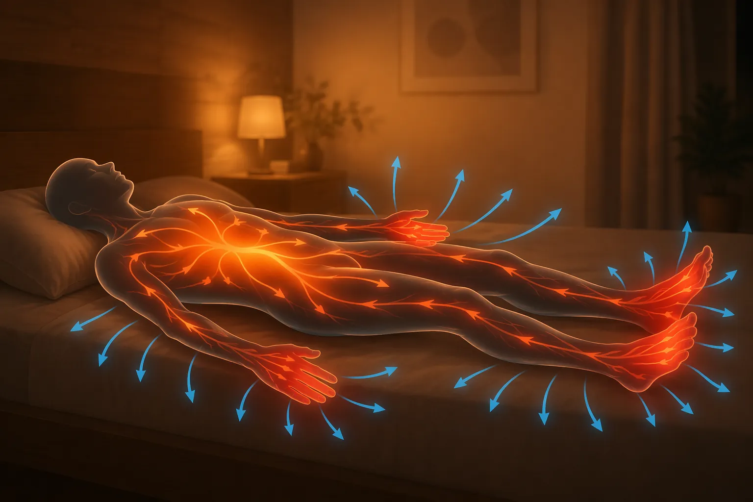 Illustration of heat moving from the body core to the hands and feet before sleep