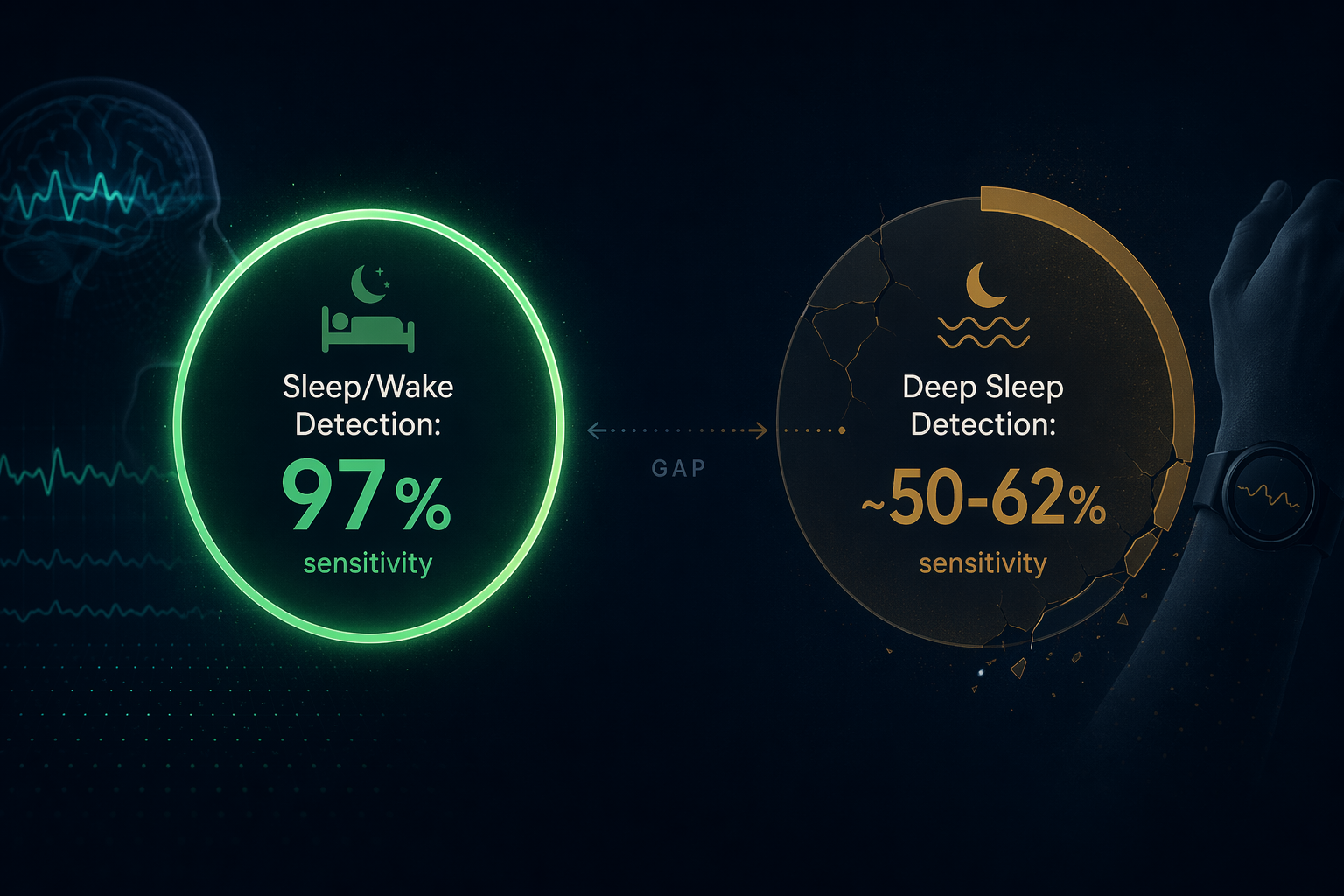 A dark navy blue editorial split comparison: a glowing green circular badge on the left reads 'Sleep/Wake Detection: 97% sensitivity' with a brain wave icon, while a muted amber partially fractured circular badge on the right reads 'Deep Sleep Detection: ~50-62% sensitivity' with a wrist-watch silhouette icon, connected by a subtle comparison arrow.